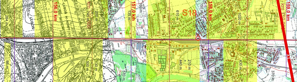 Mapka z zaznaczonym pionowo torem kolejowym Poznań-Wrocław (czerwony) oraz naniesionymi obszarami (żółte), na wysokości których zostaną zamontowane ekrany akustyczne. Czerwonym okręgiem zaznaczono dworzec w Luboniu   oprac. Piotr P. Ruszkowski