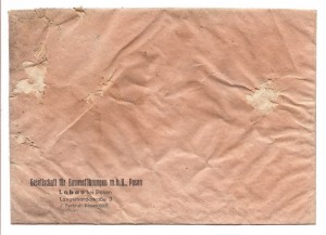 Fragment koperty z czasów okupacji hitlerowskiej z nadrukiem w lewym dolnym rogu niemieckiej firmy lubońskiej budującej autostradę   fot. Rafał Wojtyniak