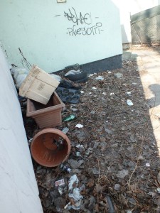 Przechowalnia doniczek i porzucone śmieci za pawilonami handlowymi   fot. Hanna Siatka