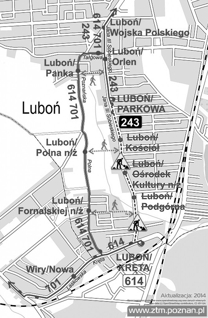 Objazd w związku z budową kanalizacji w ul. Sobieskiego ulicami Targową, Poznańską, Polną do Krętej